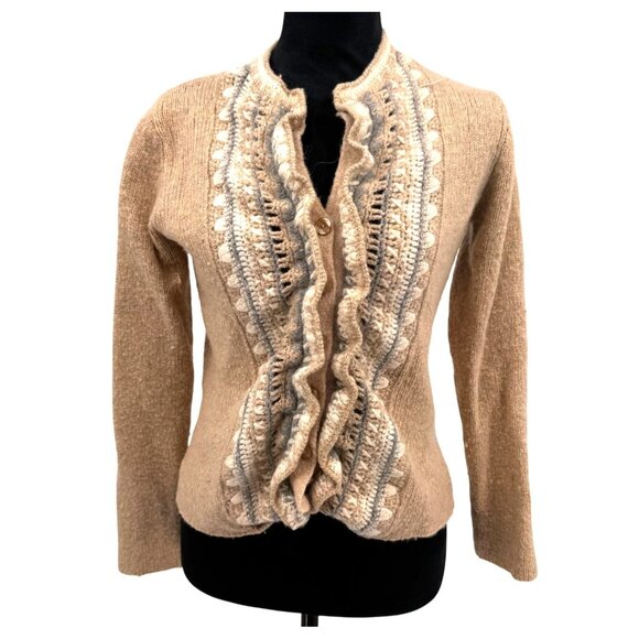 Vtg Talbots Ruffled Cardigan Sweater Womens‎ M Beige Wool Angora Button Chunky - Picture 1 of 7